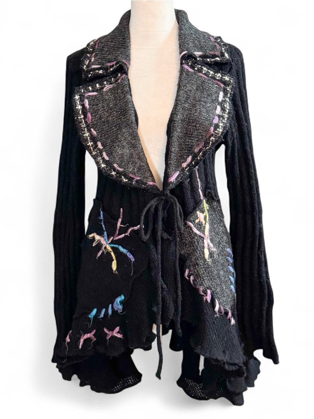 Sioni Black Tie-Front Cardigan with Embroidered Detail – Size Large